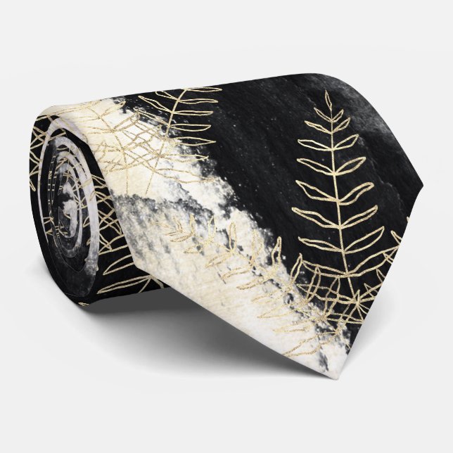 Gravata Casamento Dourado de Folha de Fern, preto e branco (Rolled)