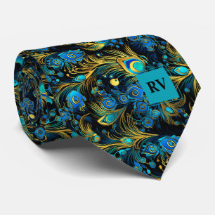 Gravata Casamento Dourado de Penas de Peacock Teal