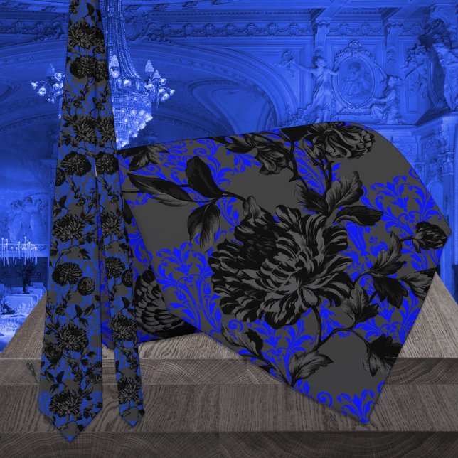 Gravata Casamento Elegante Floral Negro e Azul Gótico (Criador carregado)