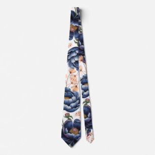 Gravata Casamento Floral Azul Marinho e Laranja Queimada
