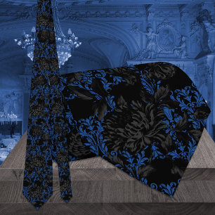 Gravata Casamento Floral Damasco Gótico Preto e Azul