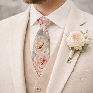 Gravata Casamento Floral de Peônia em Bege com Aquarela