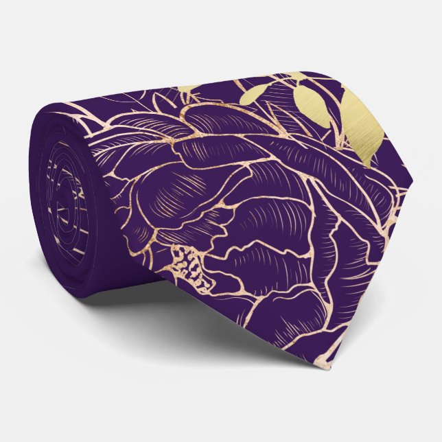 Gravata Casamento Floral Moderno e Dourado Púrpura Roxo (Rolled)