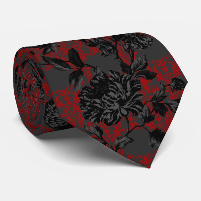 Gravata Casamento Floral Negro Cinza Vermelho Gótico (Rolled)