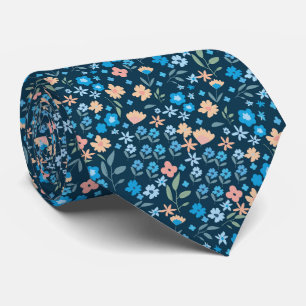 Gravata Casamento Floral Selvagem Azul Marinho Padrão Pequ
