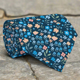 Gravata Casamento Floral Selvagem Azul Marinho Padrão Pequ