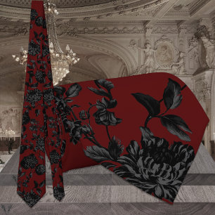 Gravata Casamento Floral Vermelho Escuro e Preto Borgonha