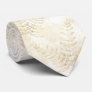 Gravata Casamento Folha de Samambaia Branco e Dourado Eleg