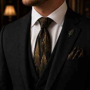 Gravata Casamento Gatsby Luxuoso Art Déco Preto e Dourado