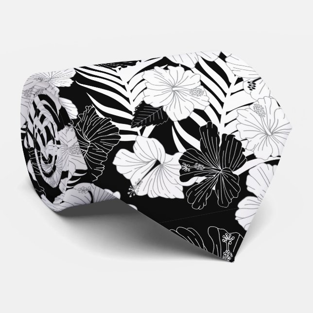 Gravata Casamento havaiano negro branco-negro das flores d (Rolled)