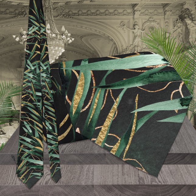 Gravata Casamento Tropical com Palmeiras Verdes e Douradas (Criador carregado)