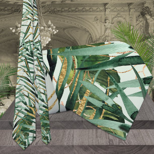 Gravata Casamento Tropical Palma Maior Verde e Dourado