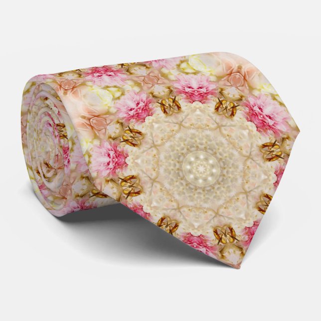 Gravata Castanho, Rosa, Ecru Mandala, Tie Padrão (Rolled)