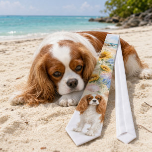 Gravata Cavalier King Charles Spaniel Aquarela de Verão