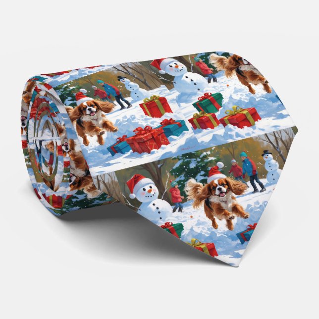 Gravata Cavalier King Charles Spaniel na Neve com Natal  (Rolled)