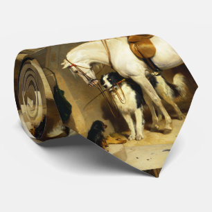 GRAVATA CAVALO BRANCO COM CÃES E FALCONS EM ESTÁVEL