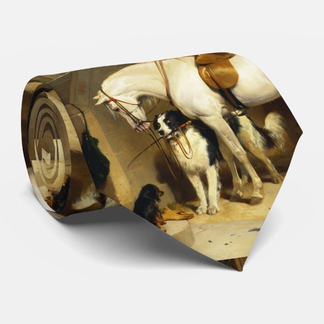 GRAVATA CAVALO BRANCO COM CÃES E FALCONS EM ESTÁVEL (Rolled)