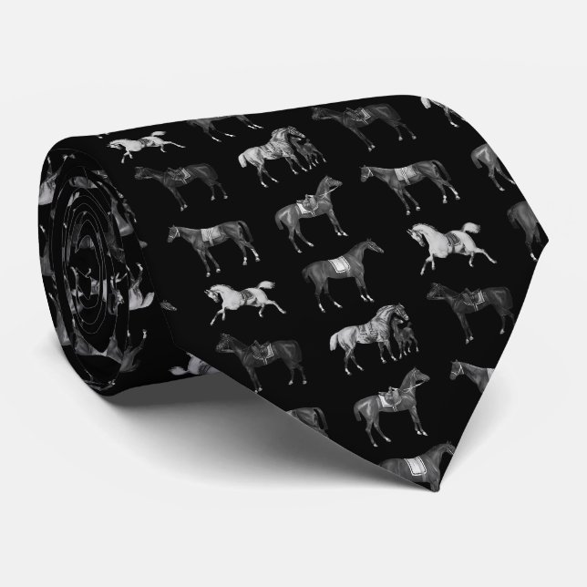 Gravata Cavalos Pretos Elegantes e Vintage com Sela (Rolled)