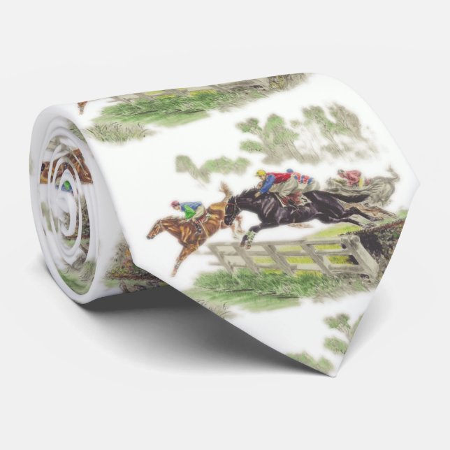 Gravata Cavalos Steeplechase Saltando Impressão Necktie (Rolled)