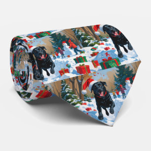 Gravata Cena de Natal com Labrador Preto na Neve 