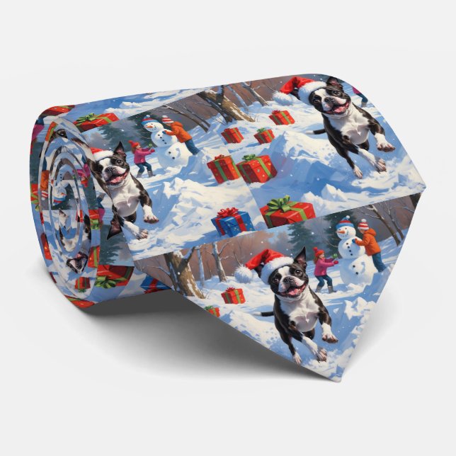 Gravata Cena de Neve Festiva de Boston Terrier Christmas (Rolled)