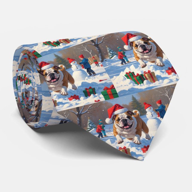Gravata Cena de Neve Festiva do Bulldog Christmas (Rolled)