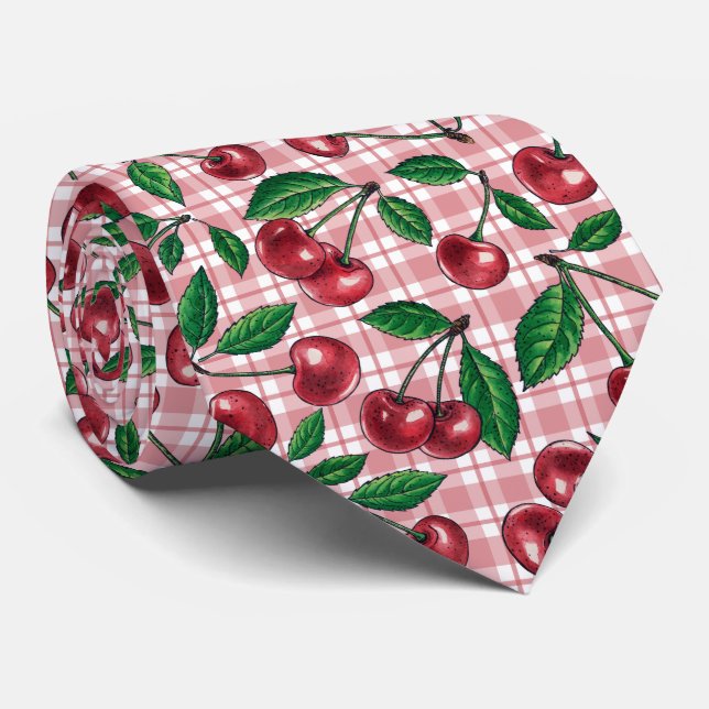 Gravata Cerejas vermelhas em gingham rosa (Rolled)
