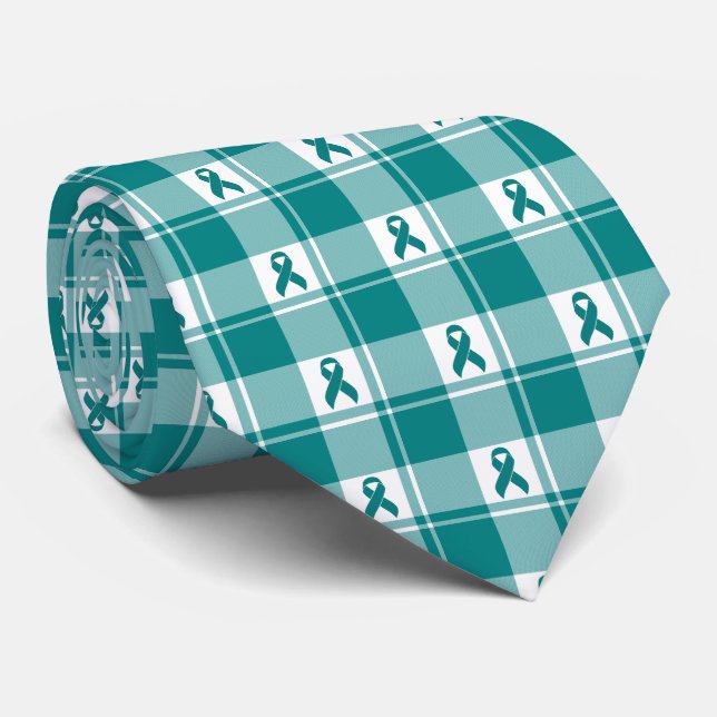 Gravata Cervical Cancer Awareness Plaid Teal Ribbon (Rolled)
