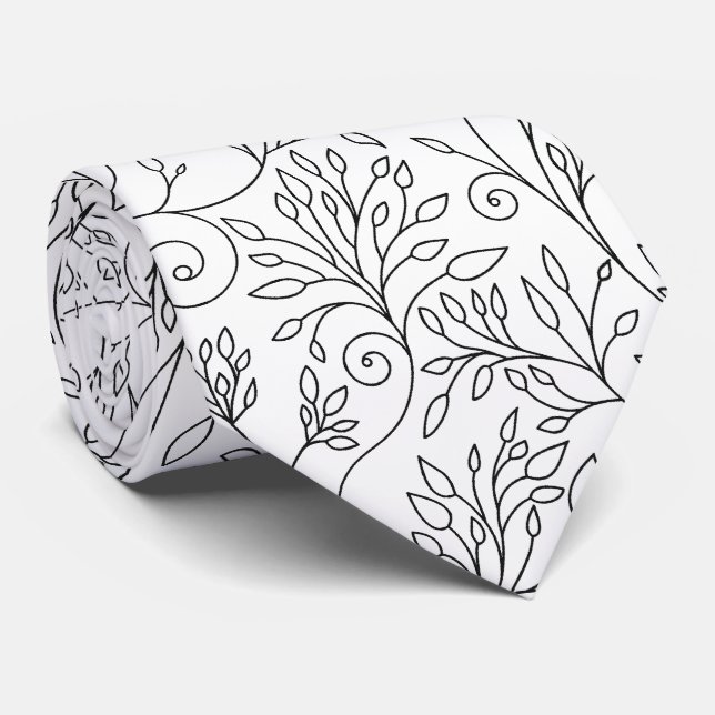 Gravata Chic Black White Line Art Vines Floral Pattern (Rolled)