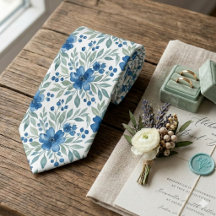 Gravata Chic Com Arte Floral Azul E Verde Oliva