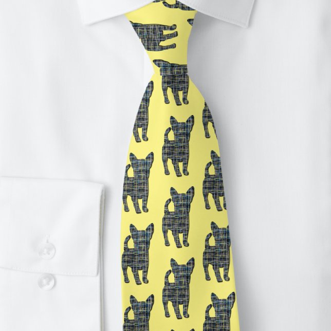 Gravata Chihuahua Cachorro Amarelo e Azul Linhas de Grelha (Chihuahua dog silhouette grid pattern yellow tie)