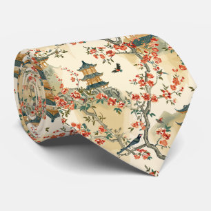 Gravata Chinoiserie Elegante - Pagodes, Flores e Pássaros