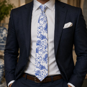 Gravata Chinoiserie Pagode Vintage Floral Azul e Branco