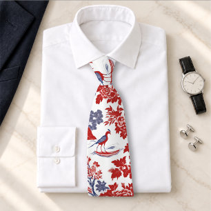 Gravata Chinoiserie Vintage Delft Vermelho Azul Francês