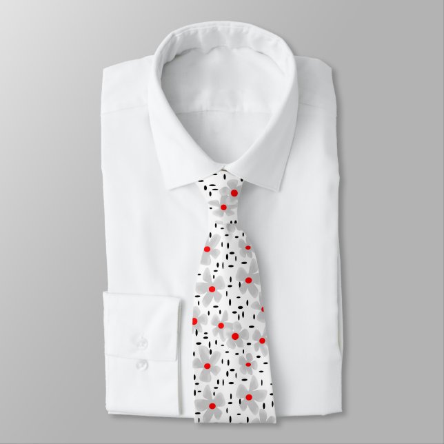 Gravata cinza com flores vermelhas em fundo branco retrô (Amarrado)