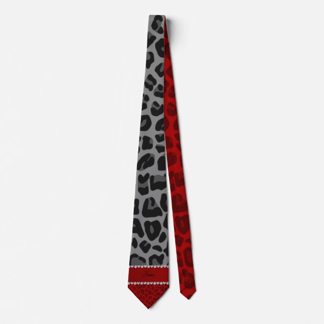 Gravata Cinza de nome personalizado padrão leopardo vermel (Frente)