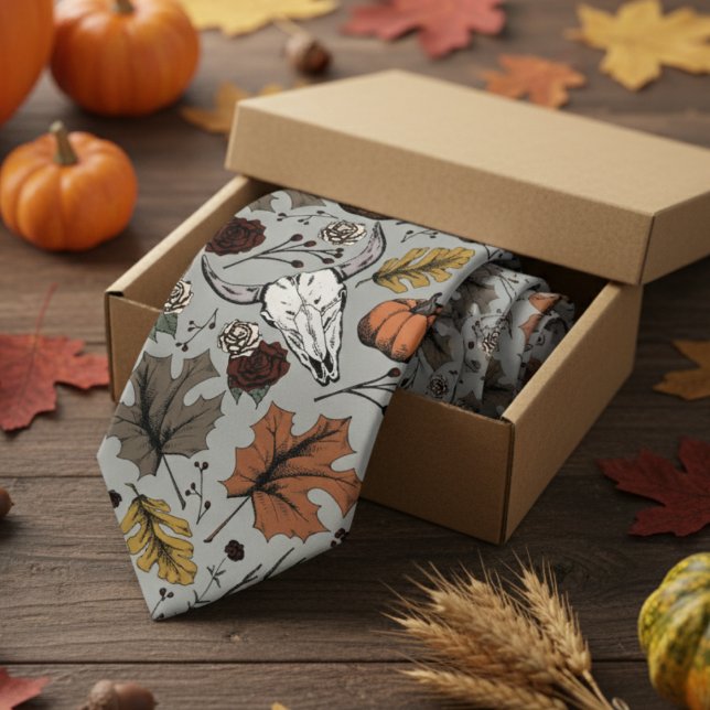 Gravata Cinza do País Caveira Ocidental (Modern Gray Thanksgiving Foliage Mens Tie. Fall Harvest, Cow Skull, Leaves Pattern in Autumn Colors.)