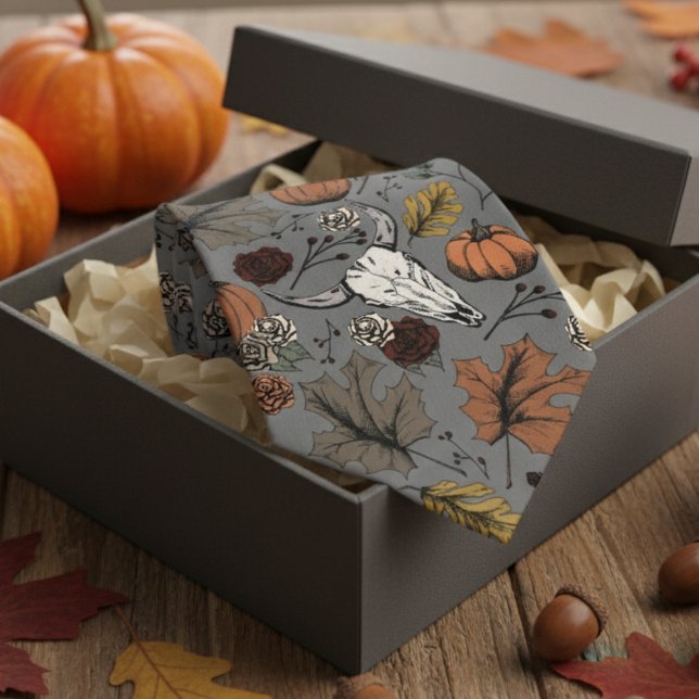 Gravata Cinza Escura - País Caveira Ocidental (Modern Dark Gray Thanksgiving Foliage Tie. Fall Harvest, Cow Skull, Leaves Autumn Colors Pattern.)