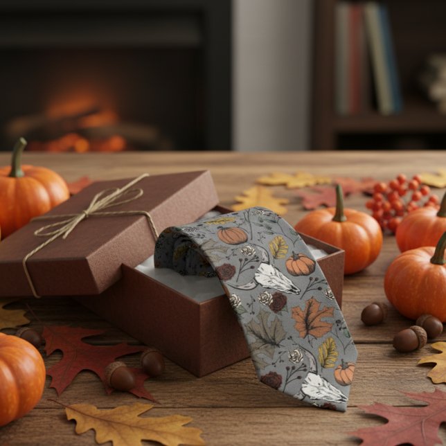 Gravata Cinza Escura - País Caveira Ocidental (Dark Gray Skull Fall Harvest Thanksgiving Tie for Him. Skulls, Burnt Orange Pumpkins, Autumn Leaves)