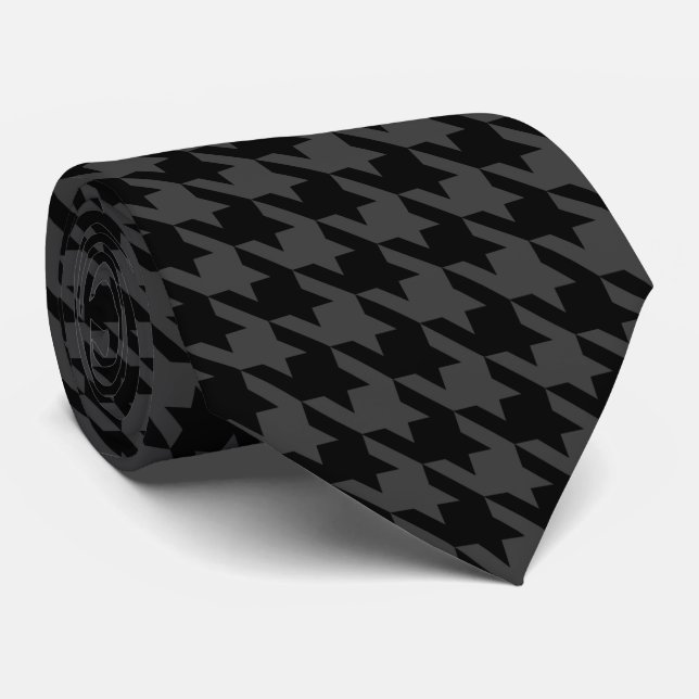 Gravata Cinza Negra Pied de Poule Large Houndstooth (Rolled)