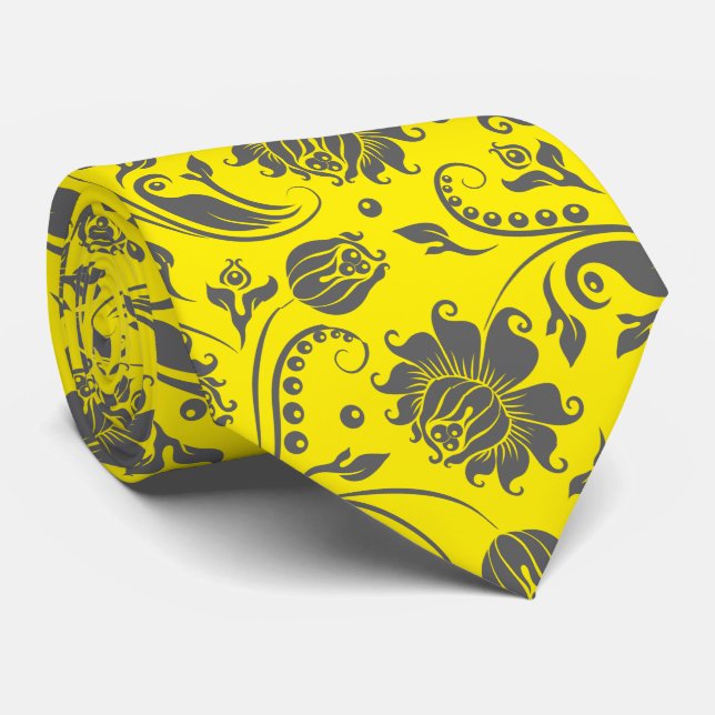 Gravata Cinza Vintage Damasco Personalizado Fundo Amarelo (Rolled)