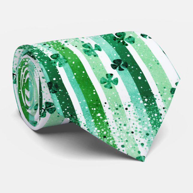 Gravata Classic Green White Vertical Stripes Shamrocks (Rolled)