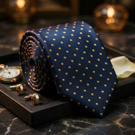 Gravata Classic Navy Blue Polka Dot Gold Elegant