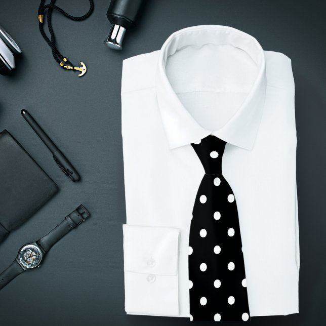 Gravata Classic White Polka Dot Pattern on Black Tie (Black tie with white polka dots is featured on an assemblage of men's fashion accessories.)