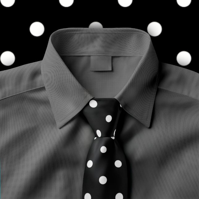 Gravata Classic White Polka Dot Pattern on Black Tie (Black tie with white polka dots displayed on dark grey button up shirt.)