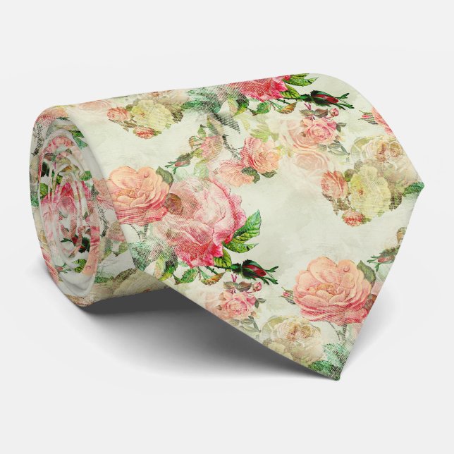 Gravata Clássica Com Rosas Antigas Rosa e Bege (Rolled)