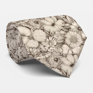 Gravata Clássico Floral Sepia Marfim Elegância Botânica