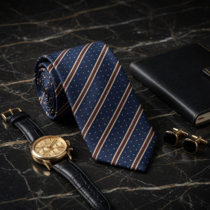 Gravata Clássico Navy Blue e Copper Listrado Ponto de Alfi