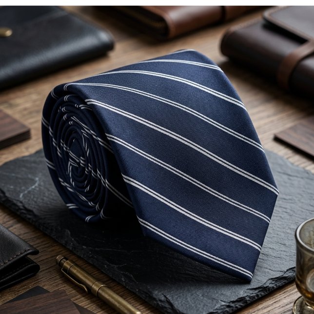 Gravata Clássico Risca de Giz Executivo Azul Marinho e Bra (Criador carregado)