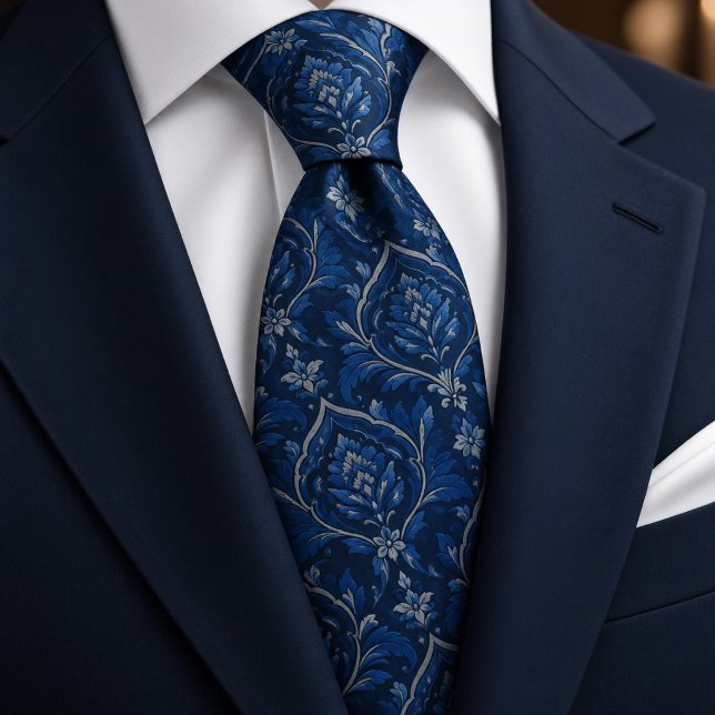 Gravata Cobalt Midnight Azul Prata Damask  (Criador carregado)